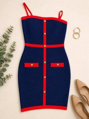 Navy & Red Contrast Bodycon Dress – Size M